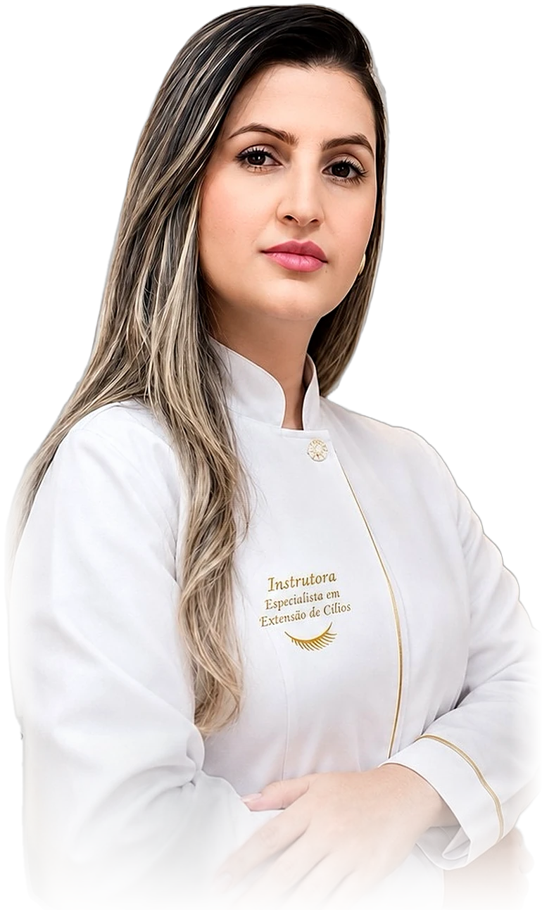 Lilian Cristina de jaleco branco com o bordado Instrutora, Especialista em Extensão de Cílios